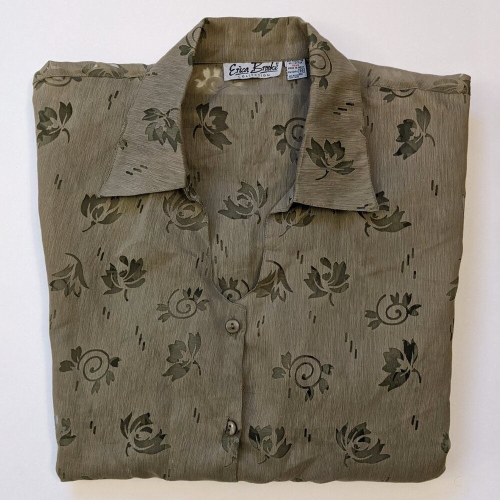 Erica Brooke Collection | Sheer Green Beige Short Sleeve Button Up Top | Plus 20